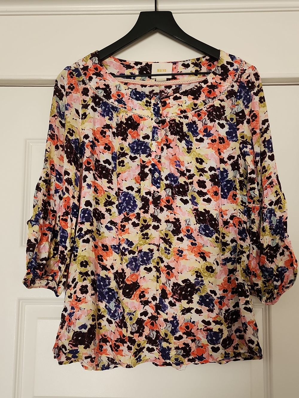 Maeve Floral Button-Front Blouse — Navy, Coral, Lime, Pink